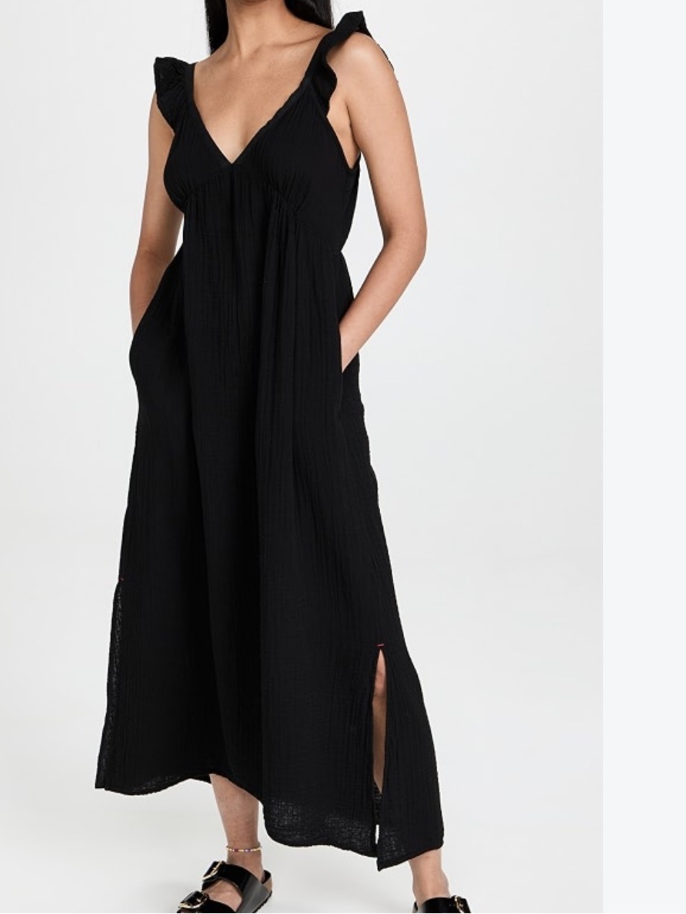XiRENA Black Leyla V-Neck Maxi Dress with Shoulder Ruffles